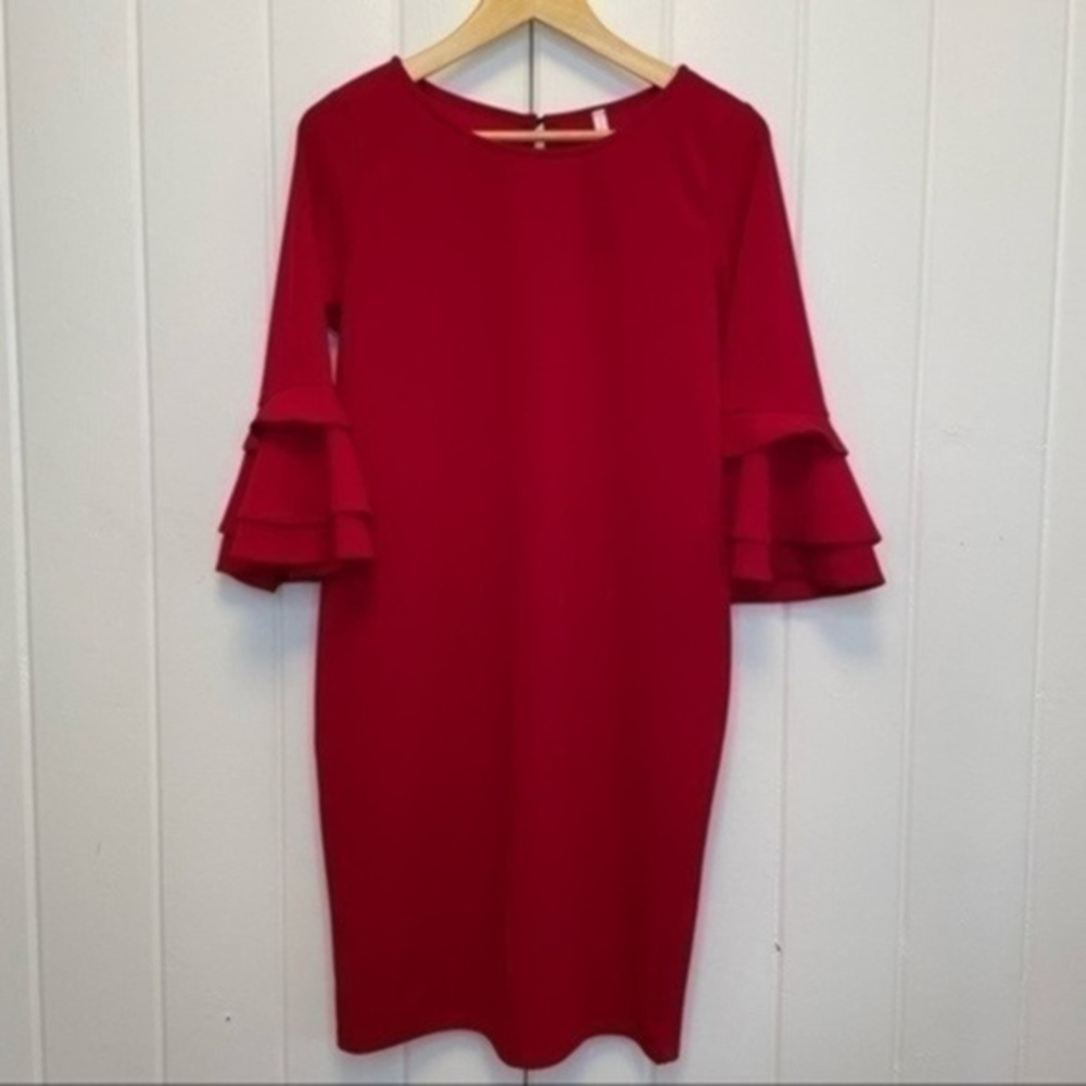 PinkBlush Red Layered Ruffle Sleeve Maternity Fitted Dress​​​ - Picture 9 of 13